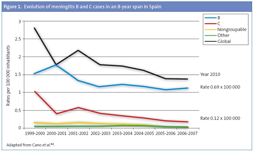 Figure 1. Evolution of meningitis B and C cases in an 8-year span in Spain