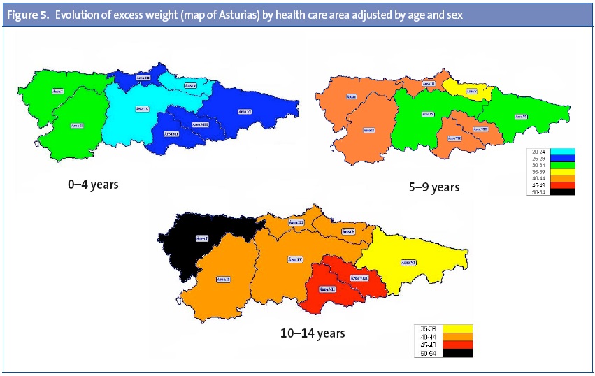 Figure 5. Evolution of excess weight (map of Asturias) by health care area adjusted by age and sex