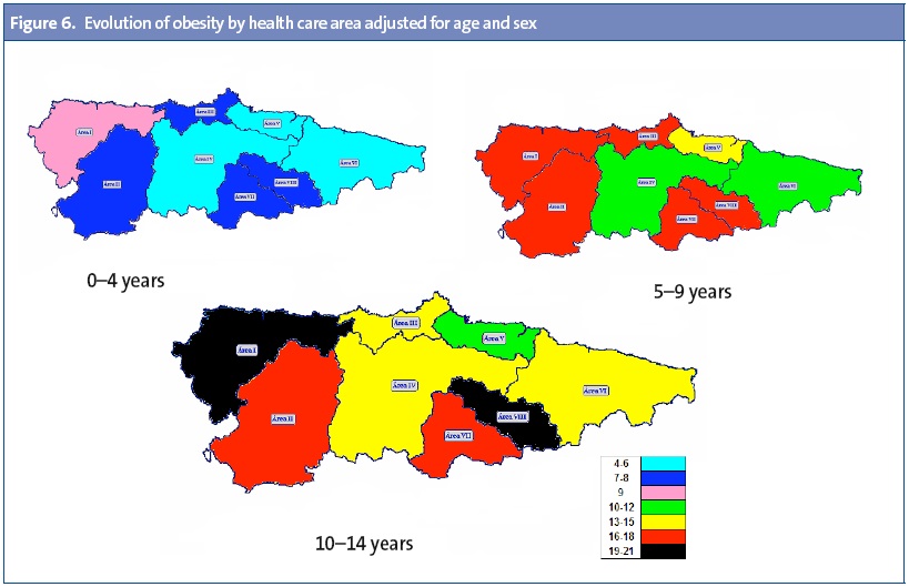 Figure 6. Evolution of obesity by health care area adjusted for age and sex