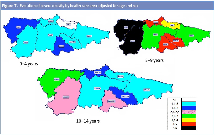 Figure 7. Evolution of severe obesity by health care area adjusted for age and sex
