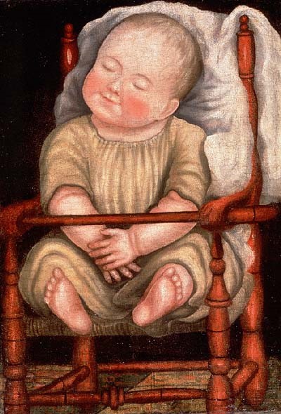 Bebé sentado en una silla roja, 1810-1830