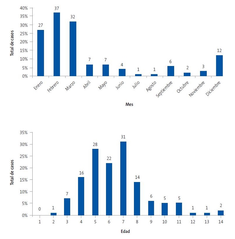 Figura 1. Distribución de casos por edad y mes de presentación