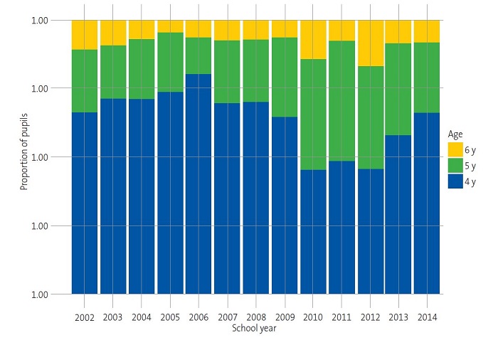 Figure 2. Distribution of age groups by school year.