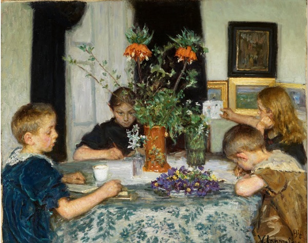 Niños pintando flores de primavera. Viggo Johansen, 1894