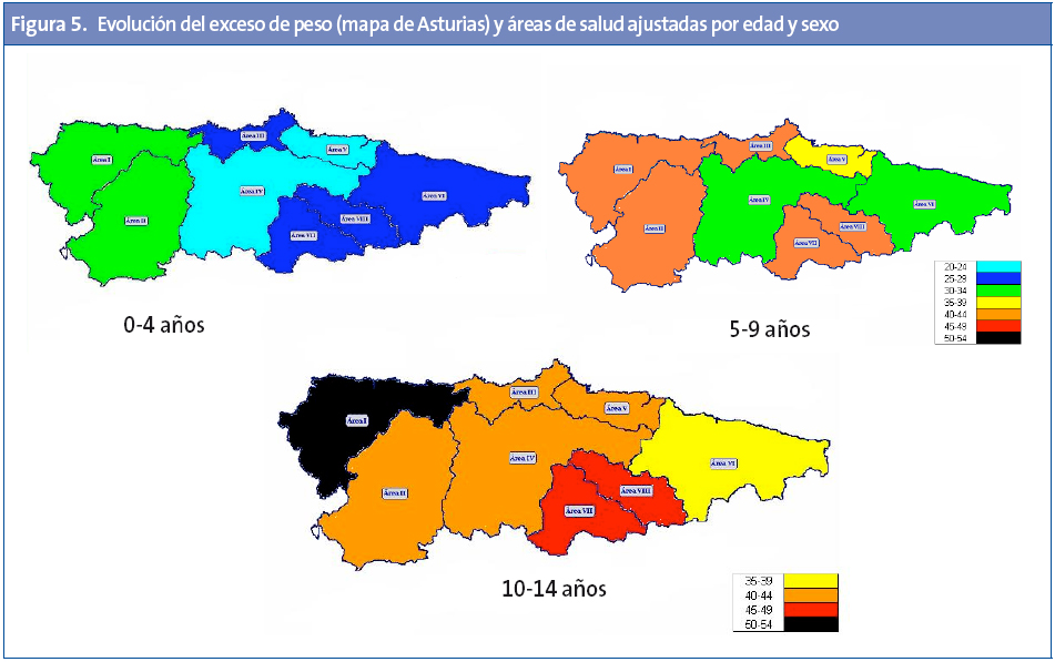 Figura 5. Evolución del exceso de peso (mapa de Asturias) y áreas de salud ajustadas por edad y sexo