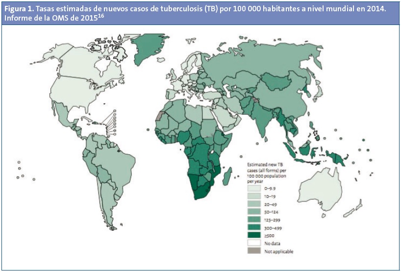 Figura 1. Tasas estimadas de nuevos casos de tuberculosis (TB) por 100 000 habitantes a nivel mundial en 2014. Informe de la OMS de 2015.