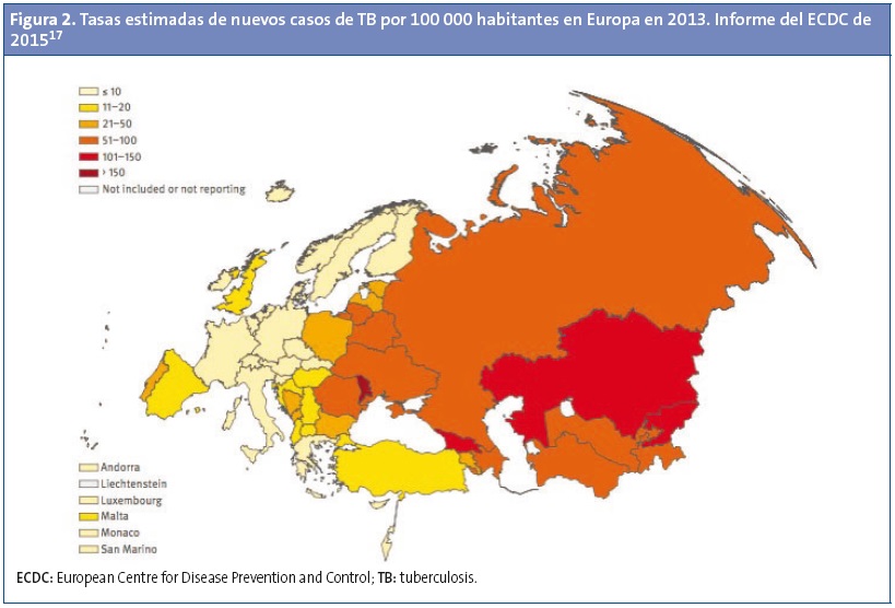 Figura 2. Tasas estimadas de nuevos casos de TB por 100 000 habitantes en Europa en 2013. Informe del ECDC de 2015.