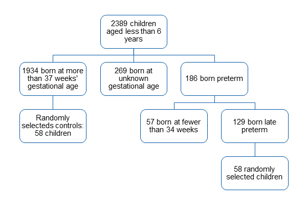 Figure 1. Flow chart of the distribution by gestational age at birth of children included in the study at the San Blas Primary Care Centre (Parla, Madrid)