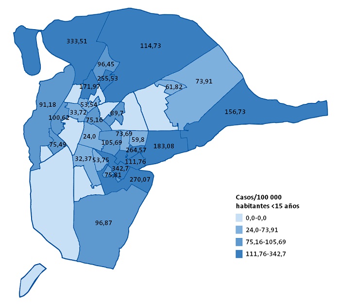 Figura 4. Distribución por cuartiles de la tasa de incidencia acumulada de casos declarados y confirmados de tosferina en menores de 15 años residentes en los diferentes subdistritos de la ciudad de Sevilla (2013-2017)