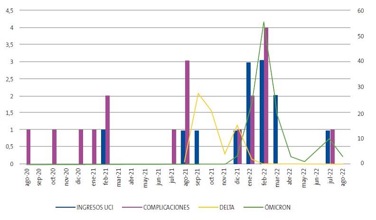 Figura 4. Distribución temporal de los casos graves y variantes de SARS-CoV-2.