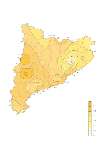Figura 1. Mapa de radiación global diaria de Cataluña, media anual (MJ/m2)