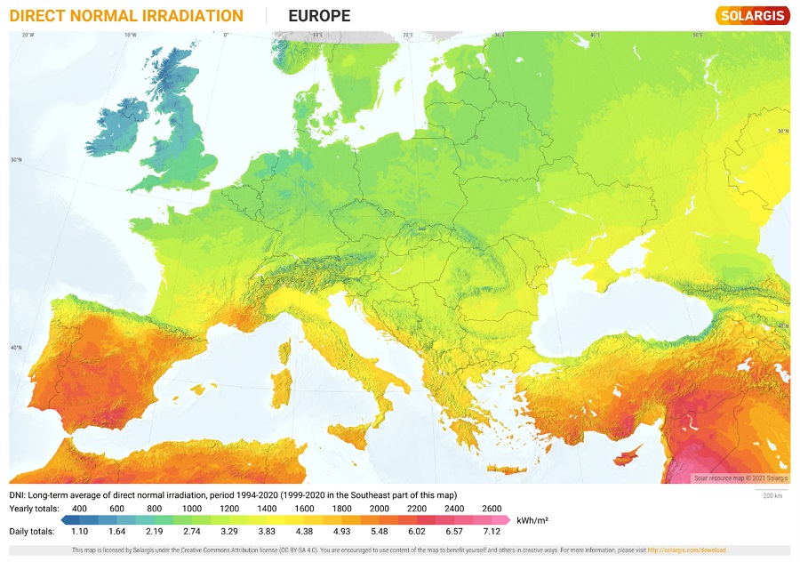 Figura 2. Mapa de radiación normal directa de Europa, media anual (kWh/m2) 