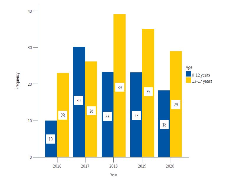 Figure 1. Distribution of cases of sexual violence in underage victims through the years by age interval