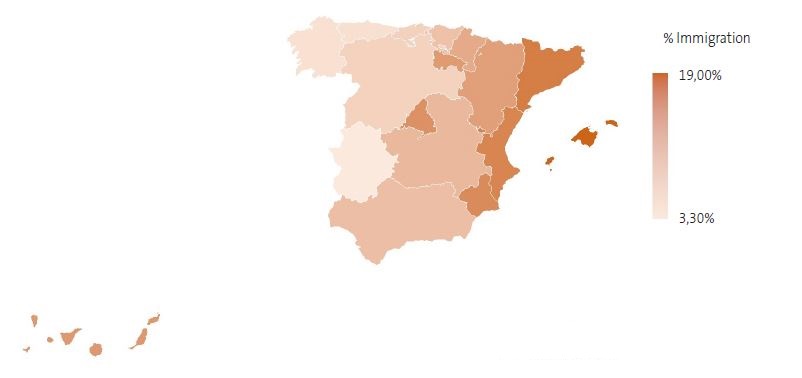 Figure 2. Map showing the percentage distribution of the foreign population out of the total population in Spain by autonomous community in 2022