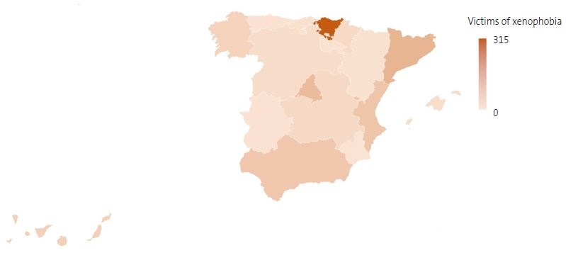 Figure 5. Map showing the frequency distribution of victims of xenophobia by autonomous community in Spain in 2022