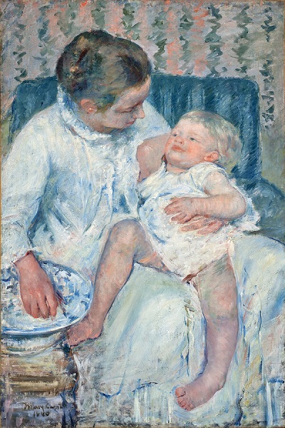 Mother about to wash her sleepy child. Mary Cassatt, 1880